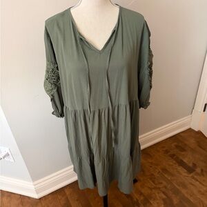 Green Tiered V-Neck Dress with Crochet puffed Sleeve Detail